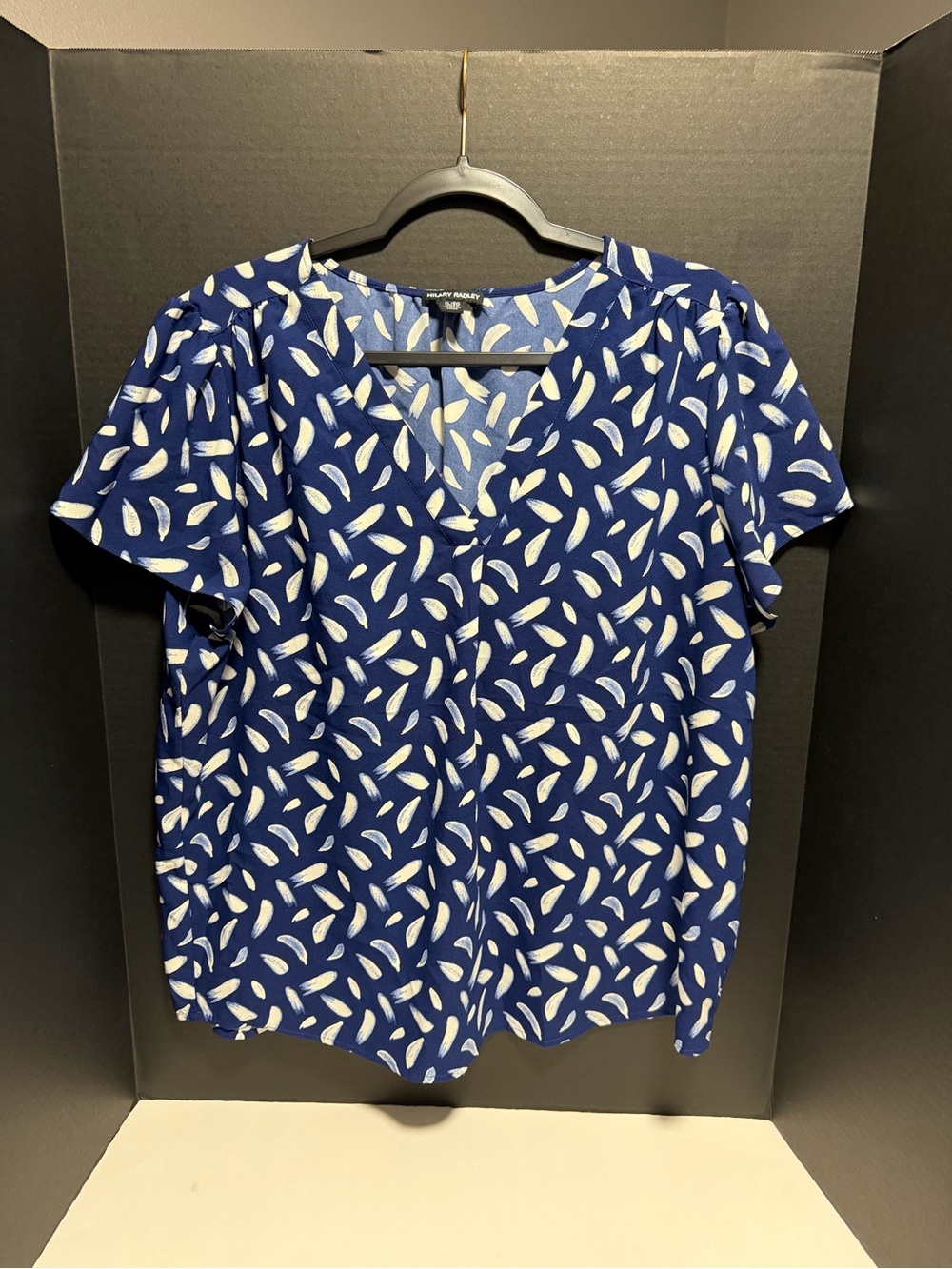 Hilary Radley Navy Blue Leaf Print V-Neck‎ Flutter Sleeve Blouse